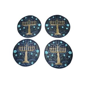 Fully Beaded Hanukkah Placemats Center Pieces Set of 4 Gold Menorah Blue Floral